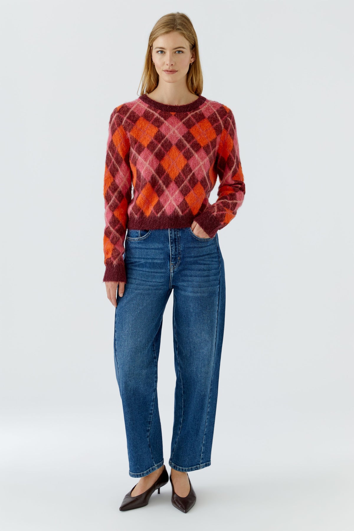 Oui Dark Red/Orange Argyle Pattern Jumper