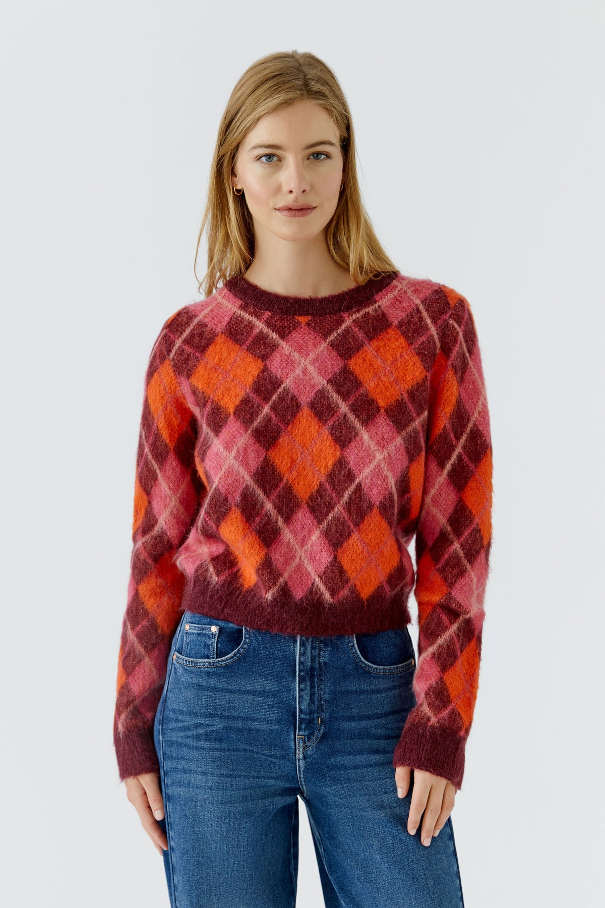 Oui Dark Red/Orange Argyle Pattern Jumper