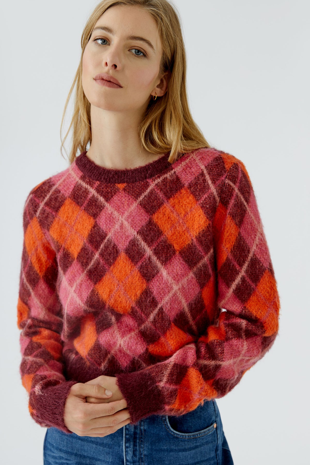 Oui Dark Red/Orange Argyle Pattern Jumper