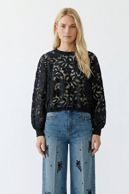 Oui Black Lace Detail Tie Neck Top