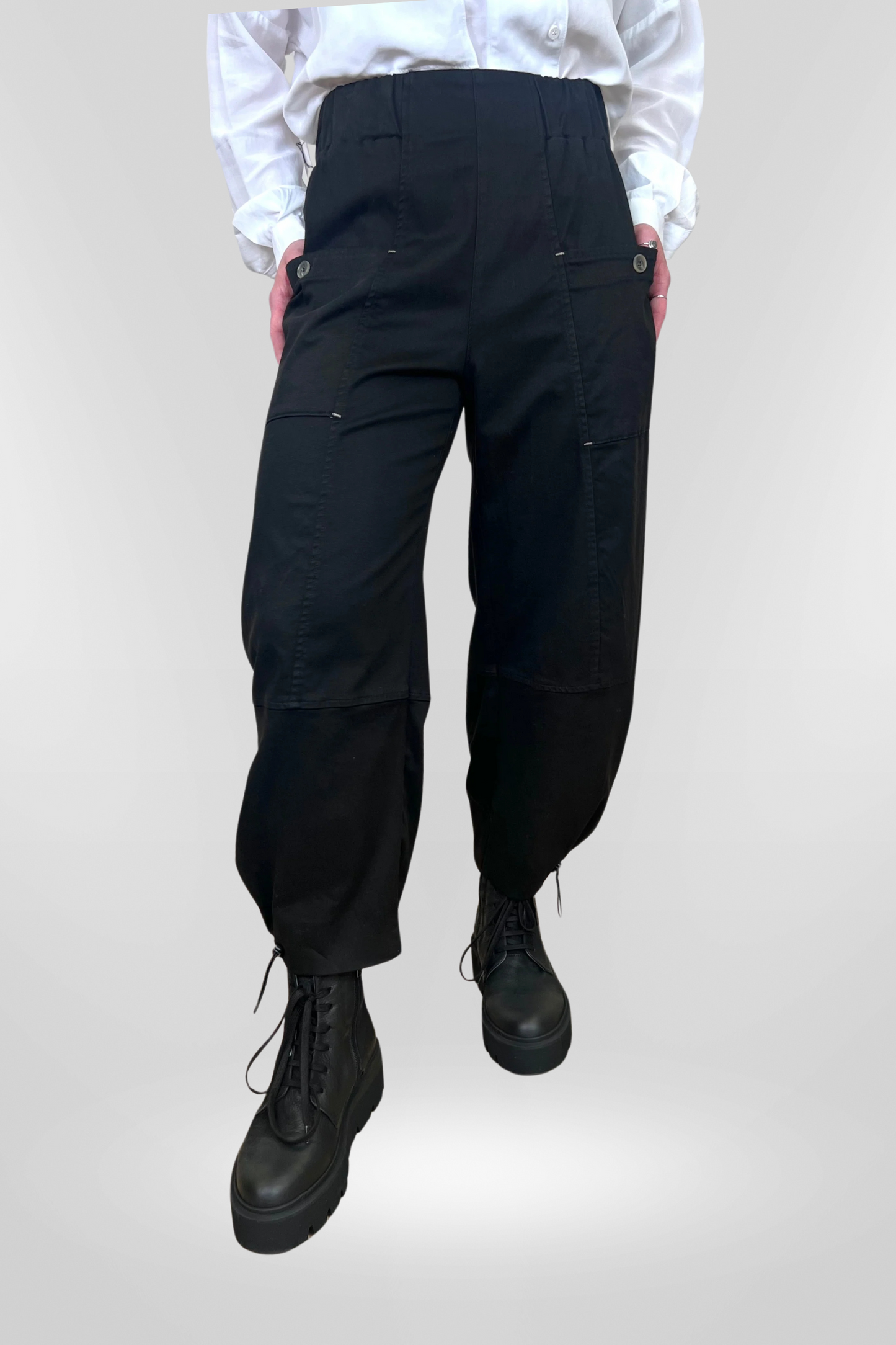 Lurdes Bergada Black Barrel Trousers with Toggle Hem