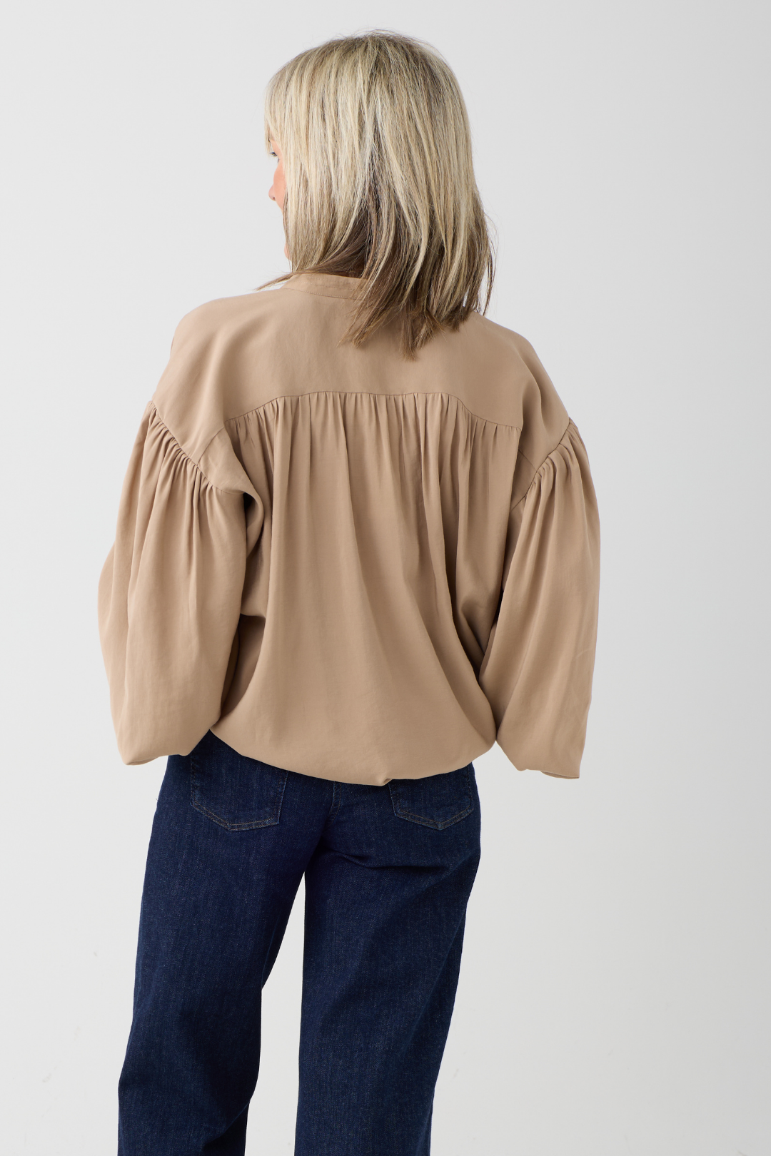 Milano Toffee Volume Sleeve/Tie Neck Blouse