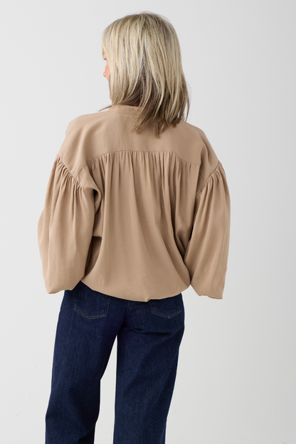 Milano Toffee Volume Sleeve/Tie Neck Blouse
