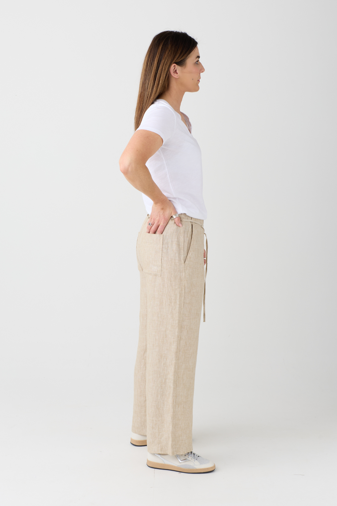 Mac Chiara Belt Almond Beige Linen Trouser