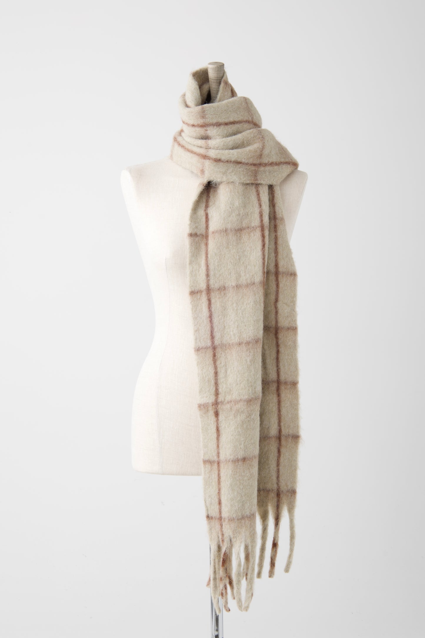 el2 Beige Check Chunky Scarf w/Fringe Edge