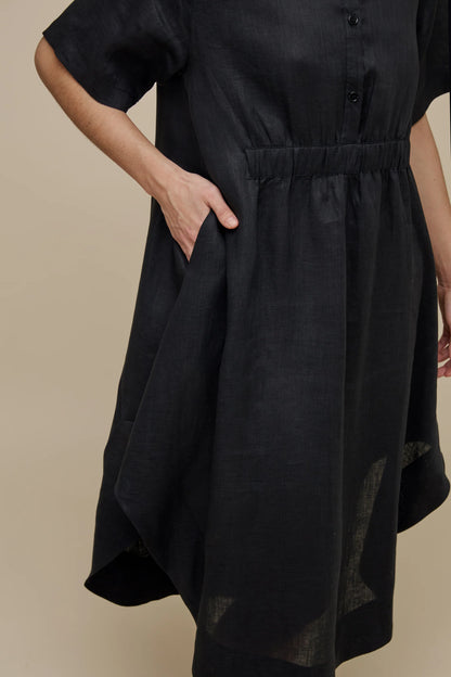 Uchuu Black Linen Dress/ Front Button Placket