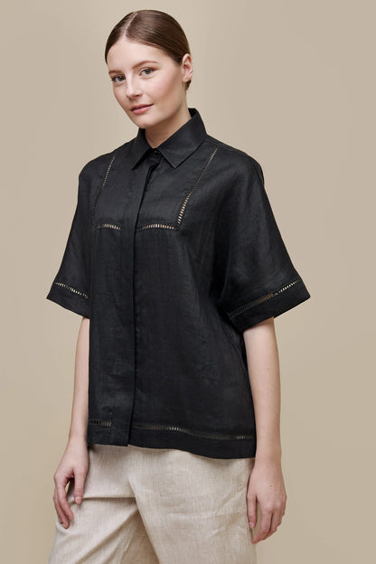 Uchuu  Black  Linen Shirt / Open Stitch Embroidery