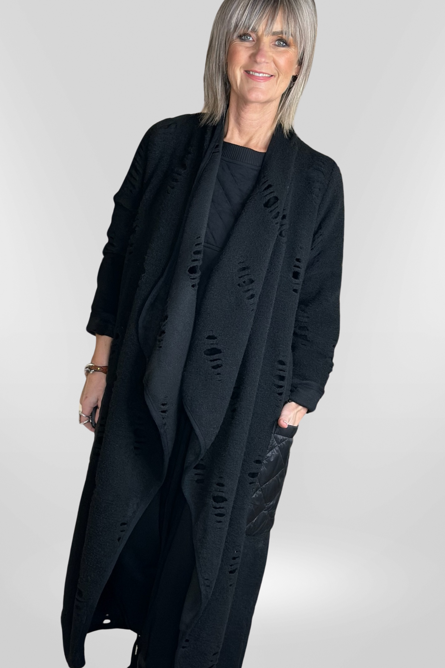 Urban Long Black Jacket with Quilted Pockets