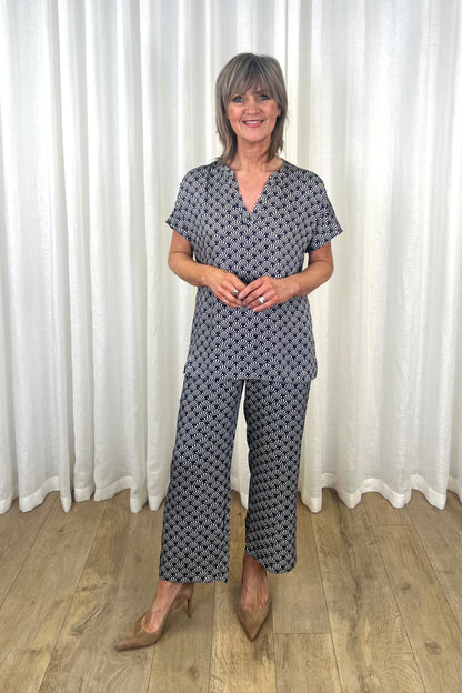 Milano Navy Print V-Neck Blouse