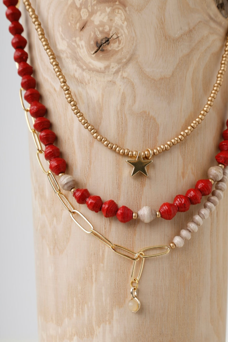 Paperchain Red/Cement Triple Hanstar Necklace