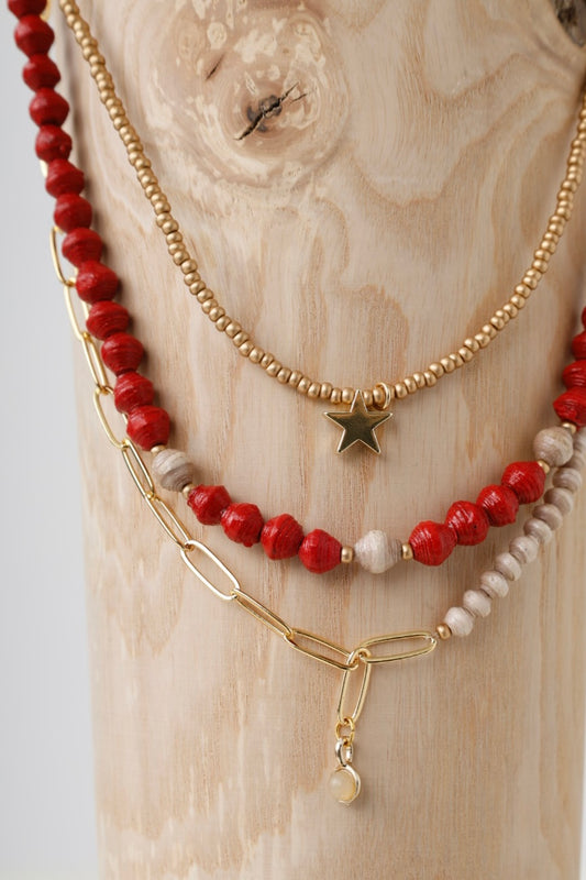 Paperchain Red/Cement Triple Hanstar Necklace