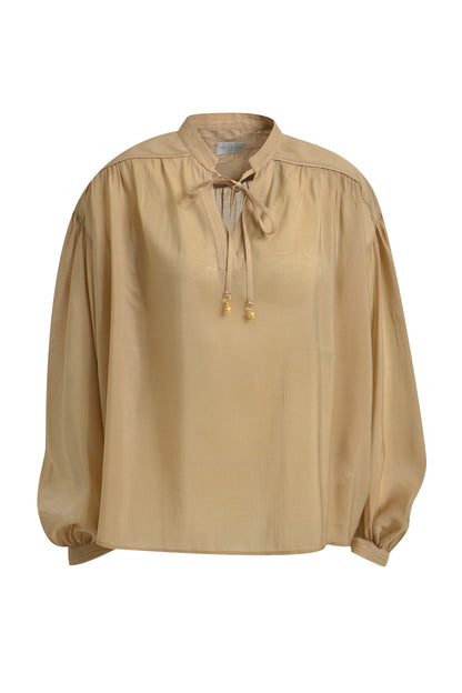 Milano Toffee Volume Sleeve/Tie Neck Blouse