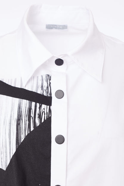 Naya White Shirt with Print Panel & Cut Away Hem