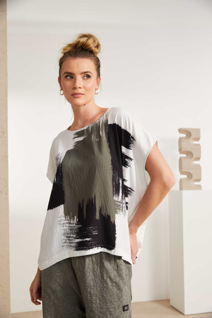 Naya White/Army Brush Stroke Round Neck Top