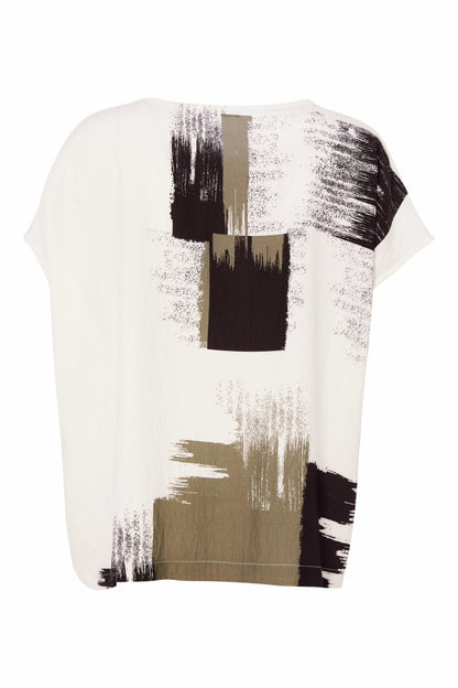 Naya White/Army Brush Stroke Round Neck Top