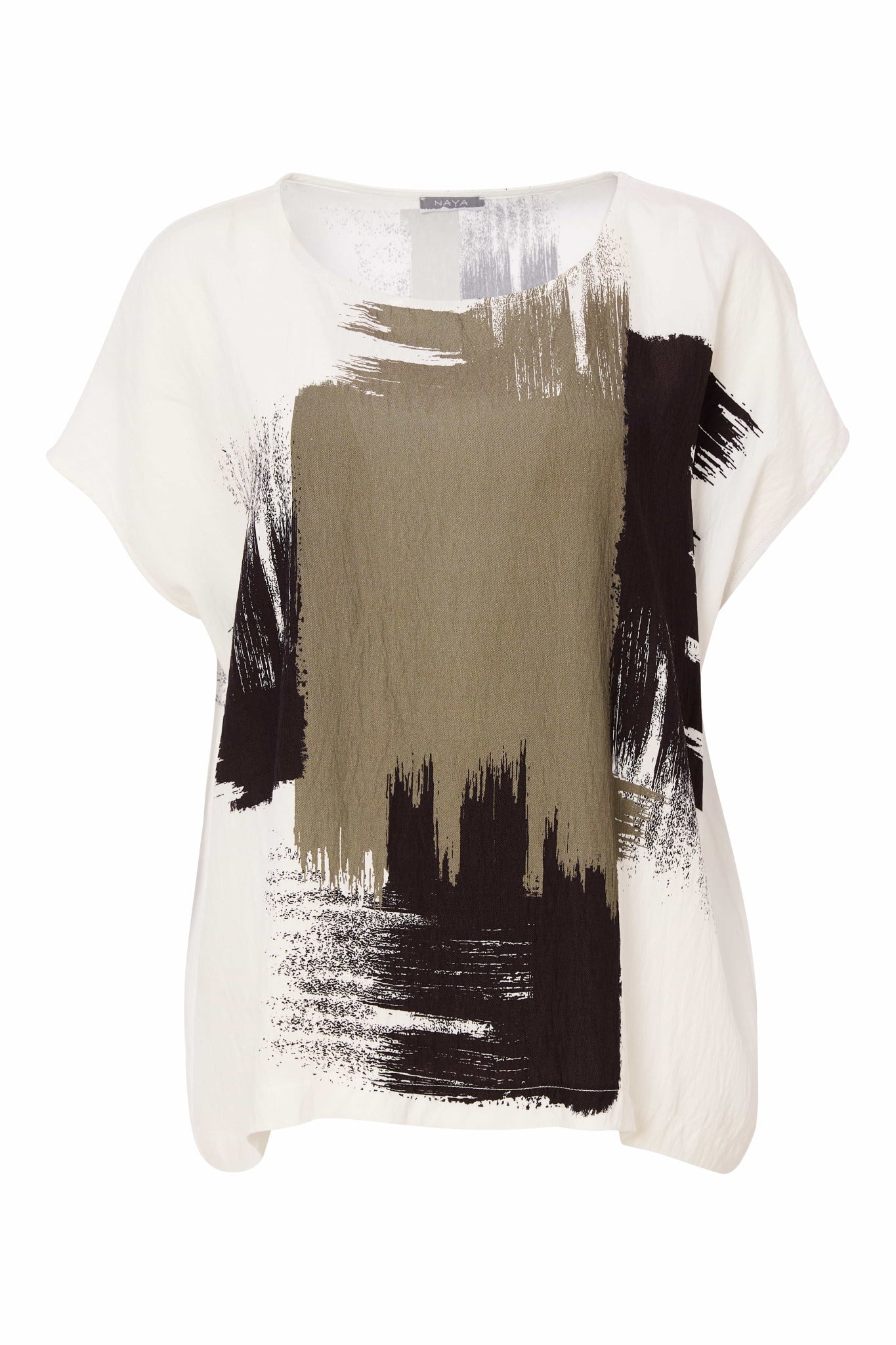 Naya White/Army Brush Stroke Round Neck Top