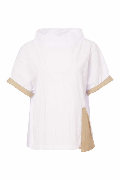 Naya White/Biscuit High Neck Crinkle Top