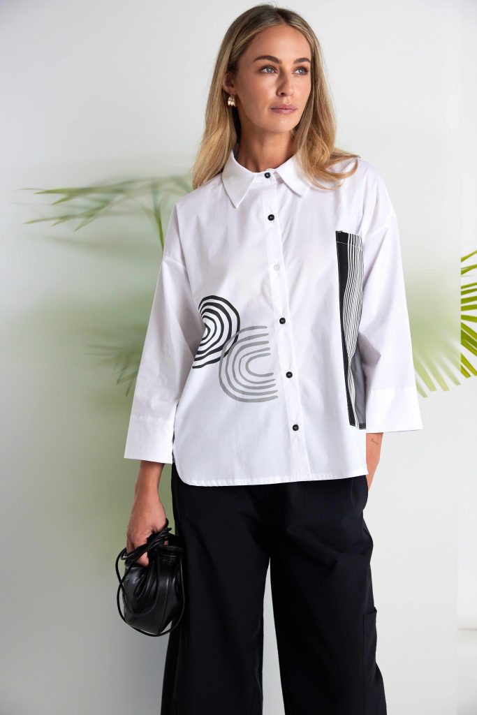 Naya White/Black Placement Print Shirt