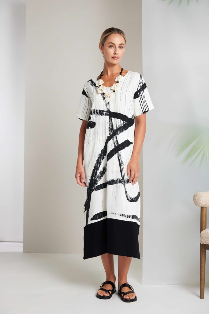 Naya Cream/Black Print Contrast Dress