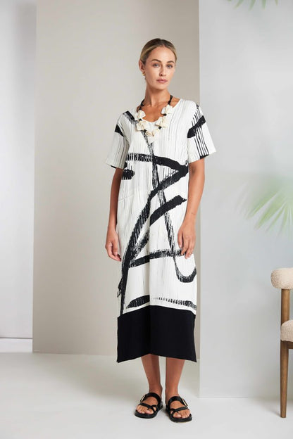 Naya Cream/Black Print Contrast Dress