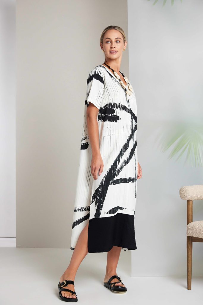 Naya Cream/Black Print Contrast Dress