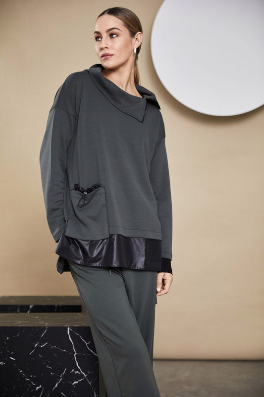 Naya Anthracite High Neck Zip Collar Top