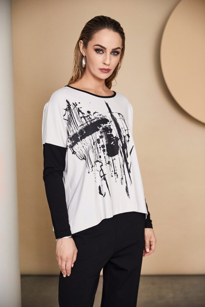 Naya Sand & Black Placement Print Top/Contrast Sleeve