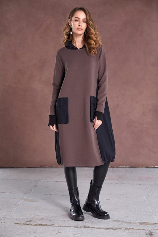 Naya Cocoa/Black Hooded Contrast Dress
