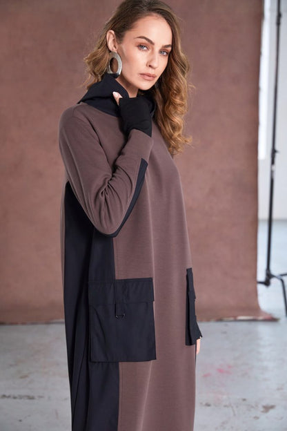 Naya Cocoa/Black Hooded Contrast Dress