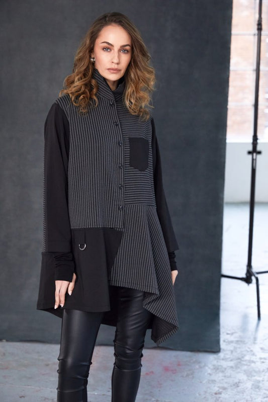 Naya Black/Grey Striped Angled Hem Shirt