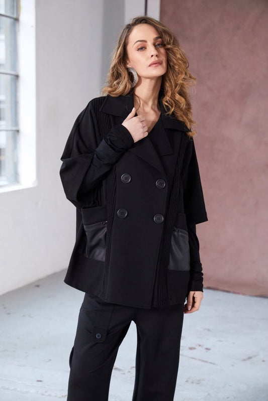 Naya Black Double Breasted Knit Panel Jacket