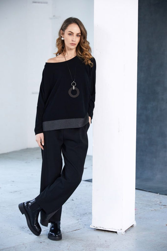 Naya Black/Grey Stripe Hem Top /Necklace