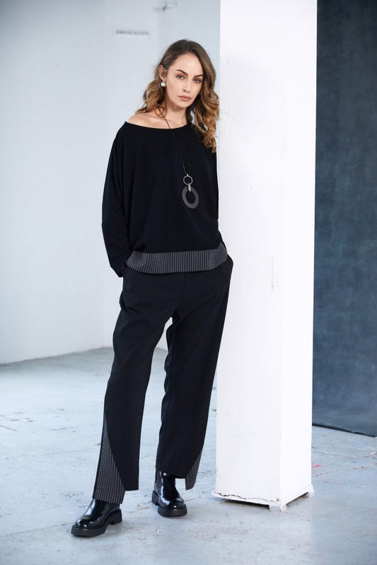 Naya Black/Grey Striped Waist Trouser