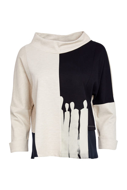 Naya Black/Sand Placement Print Funnel Neck Top
