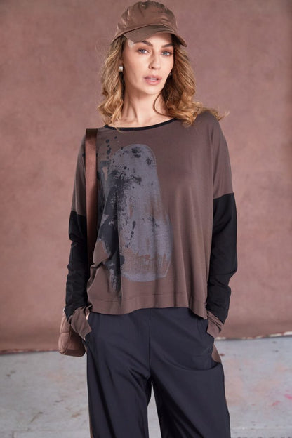 Naya Cocoa/Black Placement Print Top