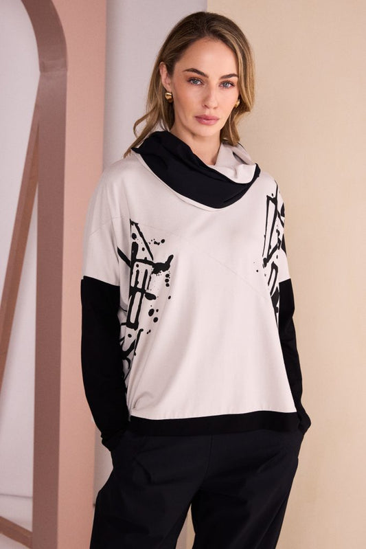 Naya Sand/Black Placement Print Top