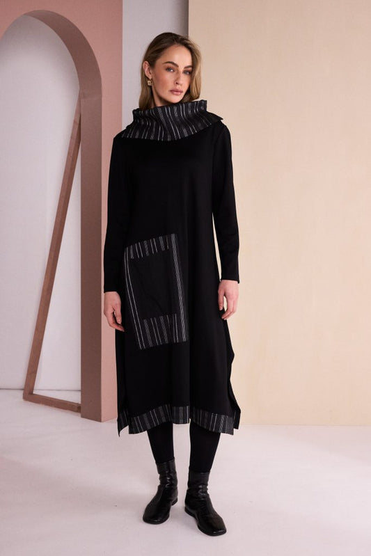 Naya Black/Gray Stripe Dress w/Neckpiece
