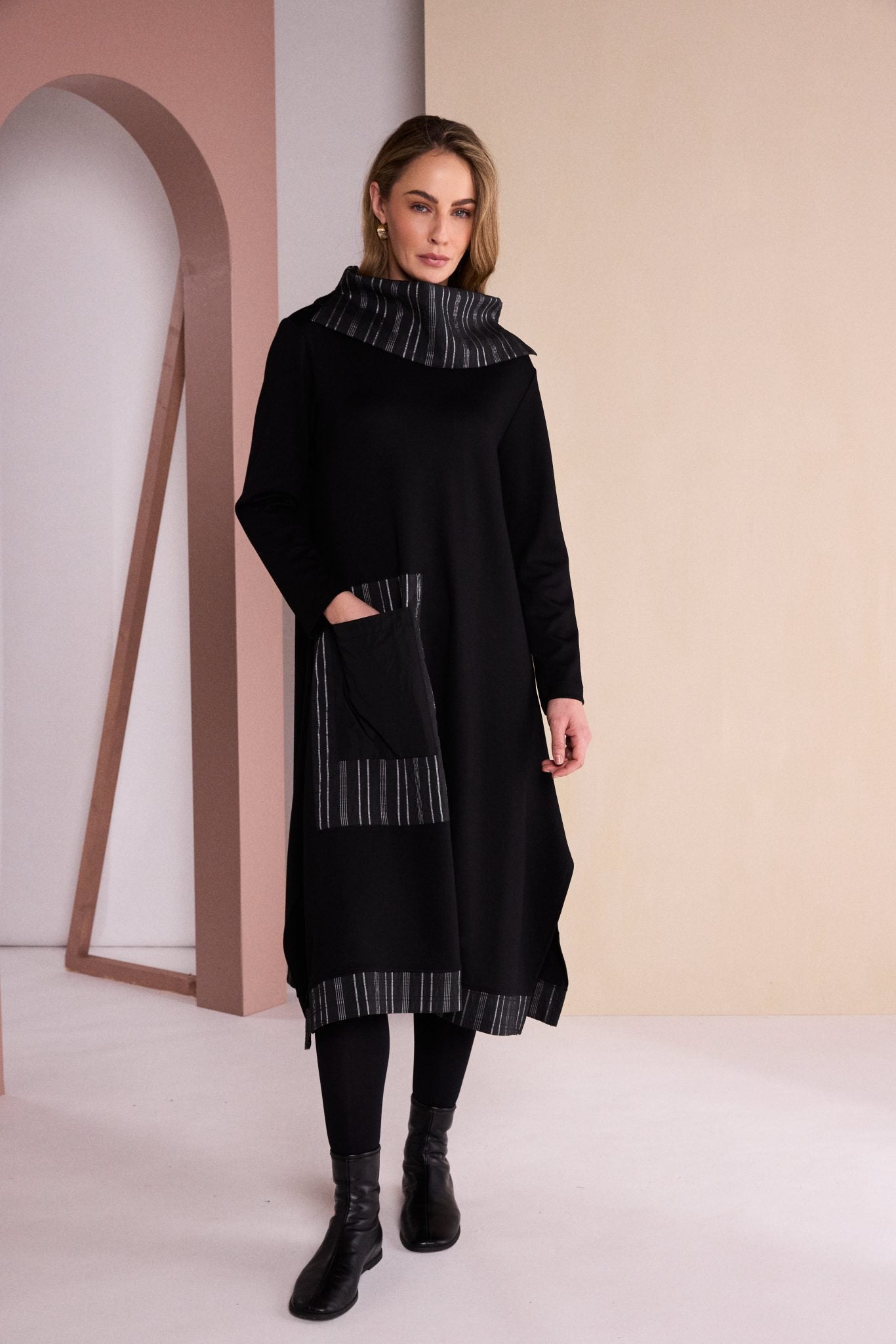 Naya Black/Gray Stripe Dress w/Neckpiece