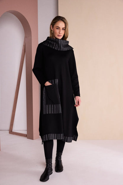 Naya Black/Gray Stripe Dress w/Neckpiece