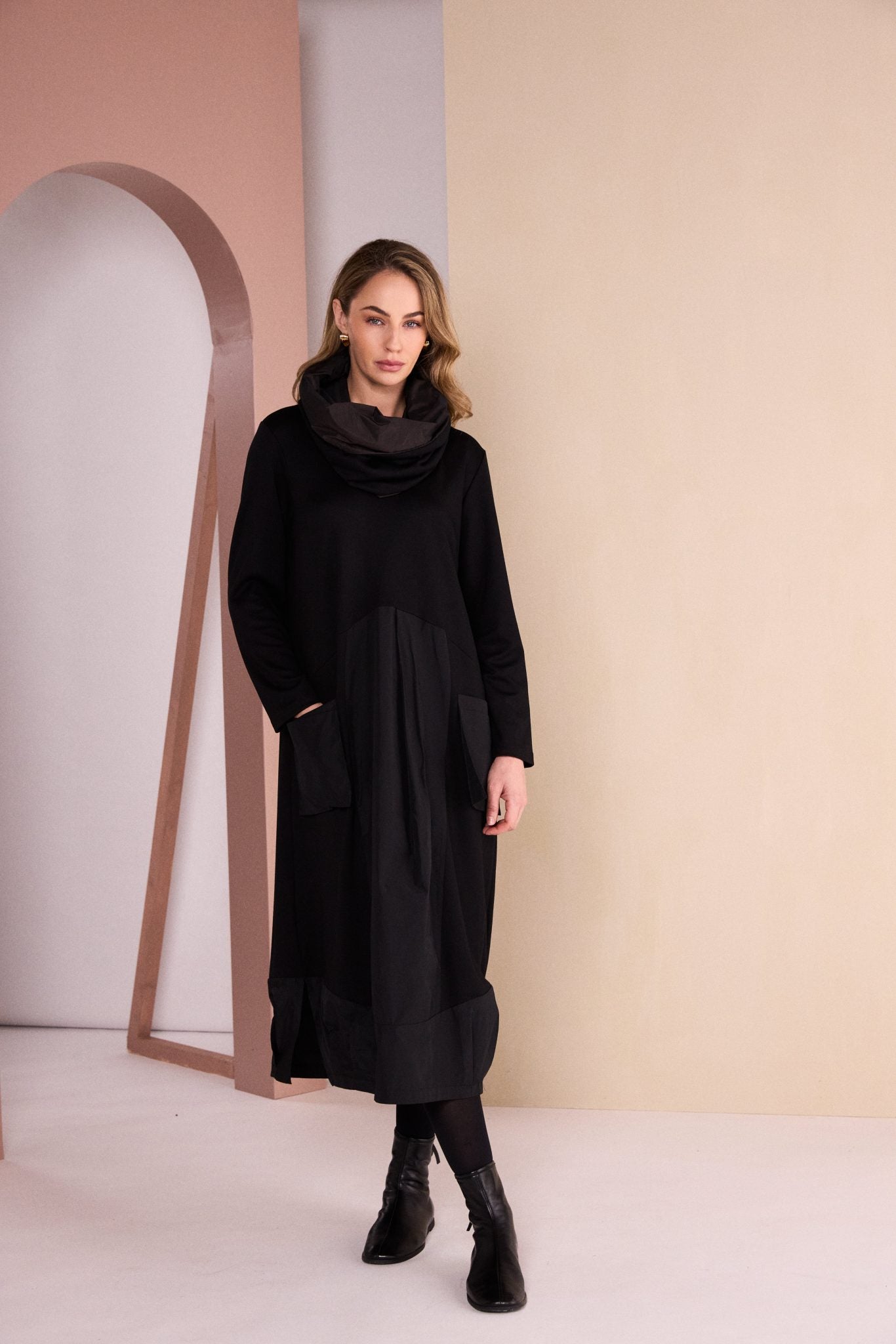 Naya Black Curved Hem Dress w/Neckpiece