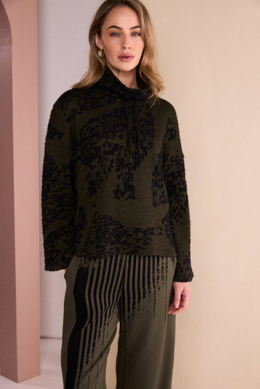 Naya  Black/Thyme Flocked Print High Neck Top