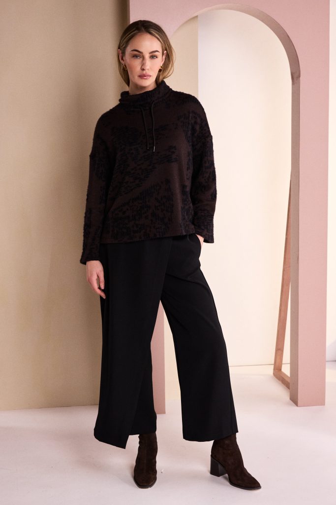 Naya Black/Choko Flocked Print High Neck Top