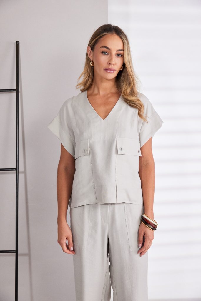 Naya Ash V-Neck Button Detail Top