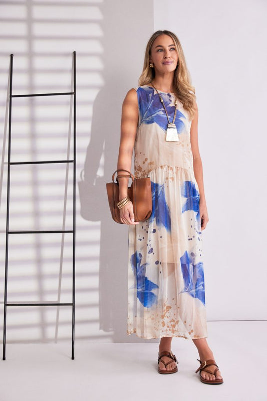 Naya Denim Blue Mesh Leaf Print Dress
