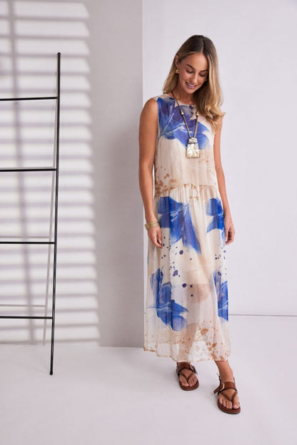 Naya Denim Blue Mesh Leaf Print Dress