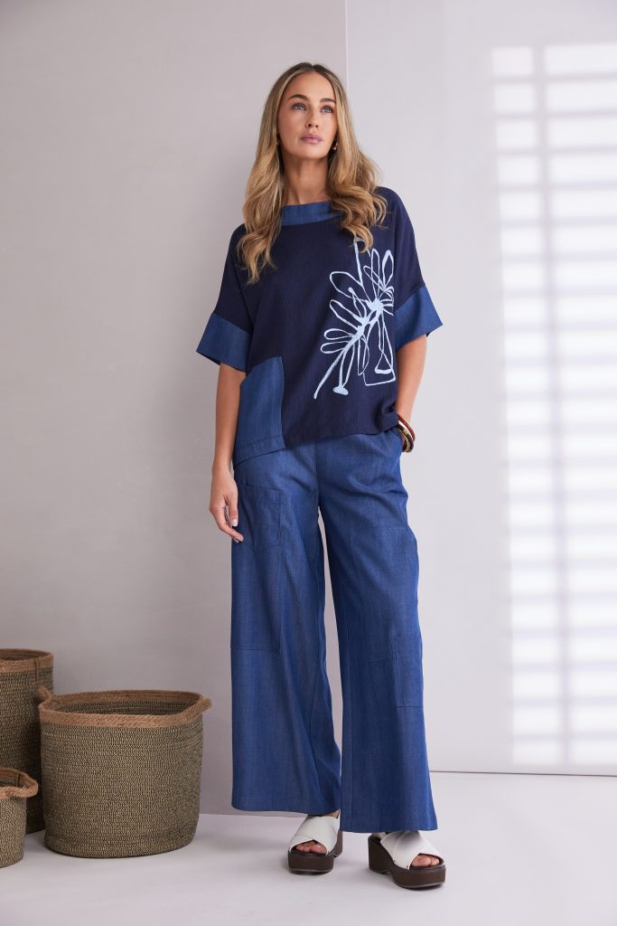 Naya Denim/Blue Placement Print Pocket Top