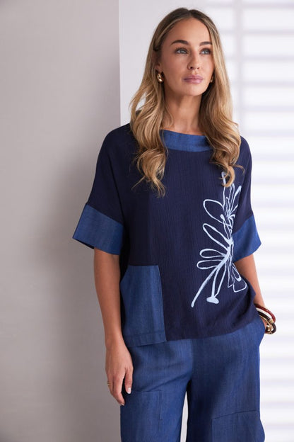 Naya Denim/Blue Placement Print Pocket Top
