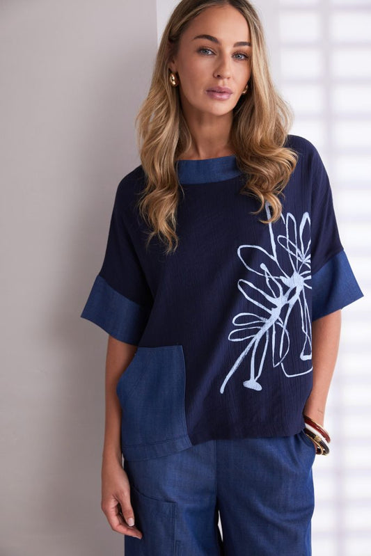 Naya Denim/Blue Placement Print Pocket Top