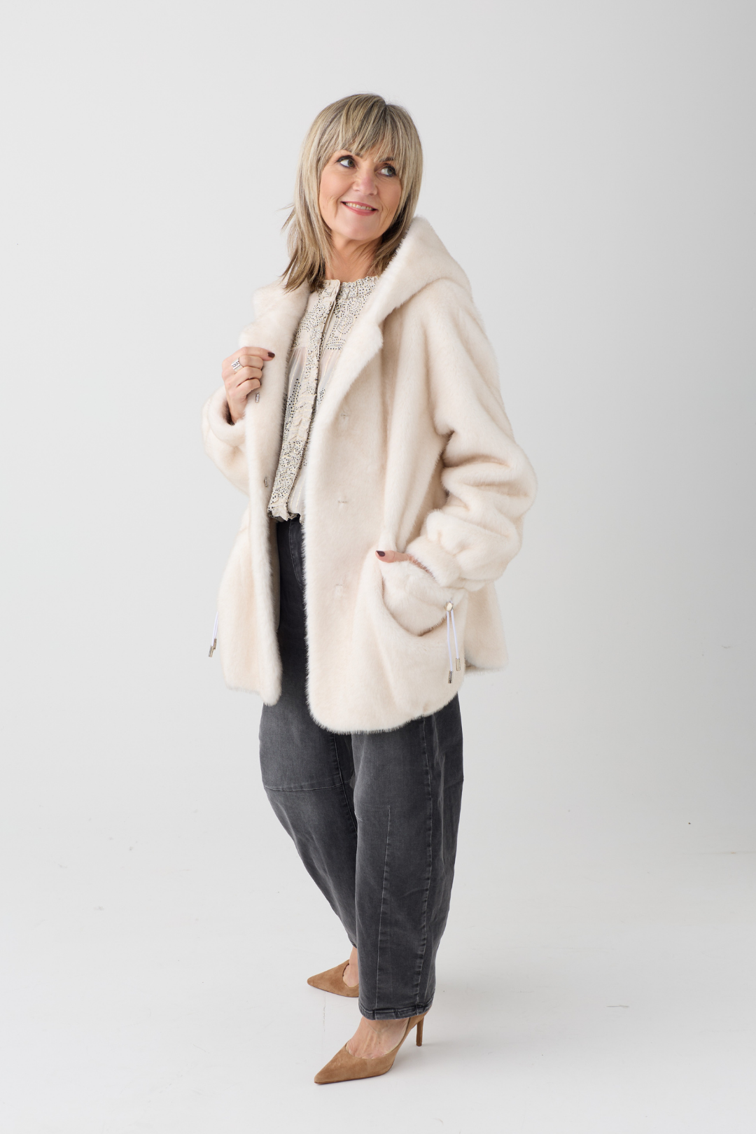 Selena Ecru Hooded Faux Fur Coat