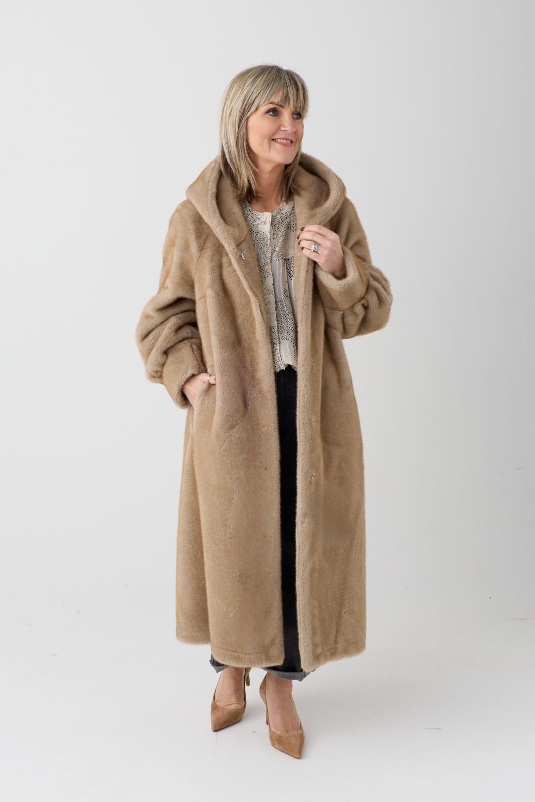 Isabella Taupe Hooded Faux Fur Coat